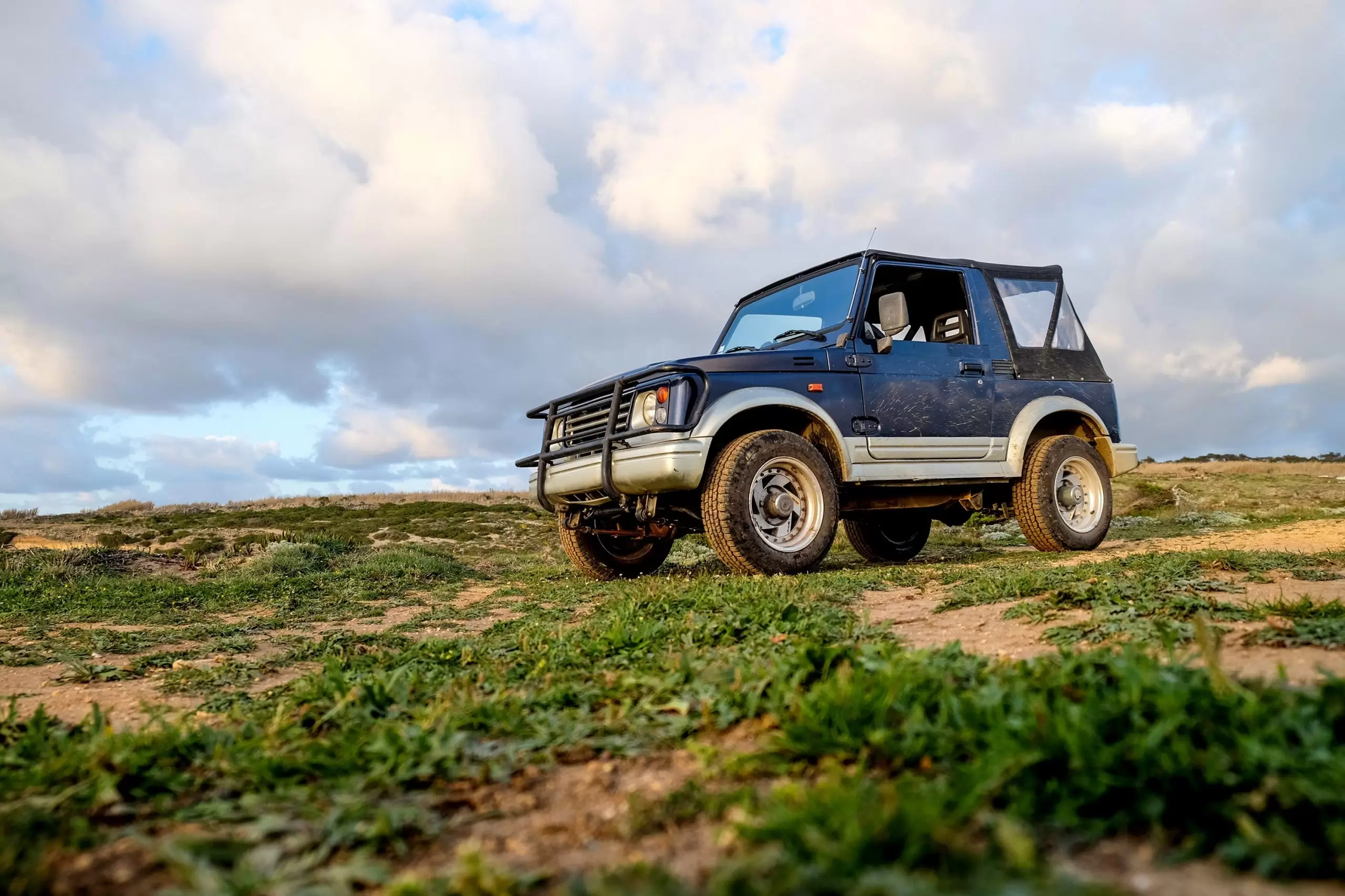 blue car hill covered