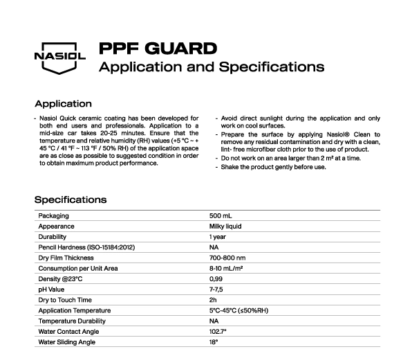 PPF GUARD  APPLICATION AND  SPECIFICATIONS