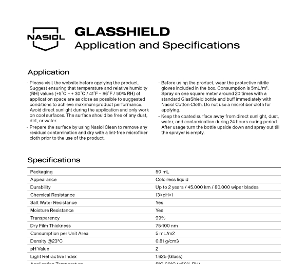 GLASSHIELD  APPLICATION AND  SPECIFICATIONS