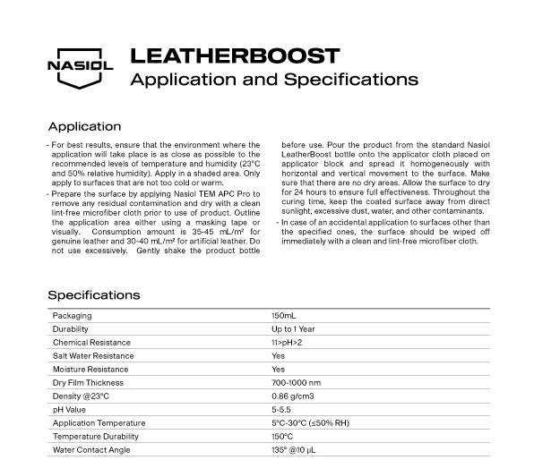 LEATHERBOOST  APPLICATION AND  SPECIFICATIONS