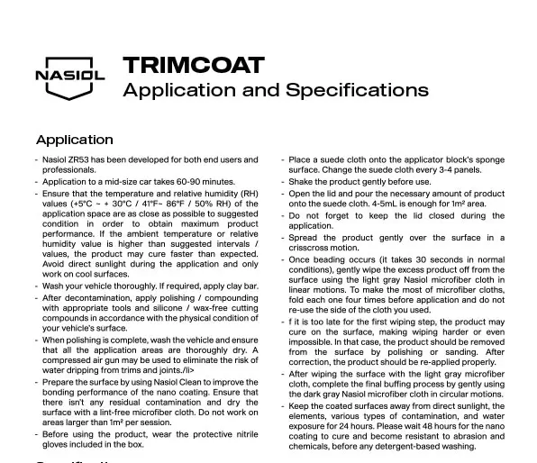 TRIMCOAT APPLICATION AND SPECIFICATIONS