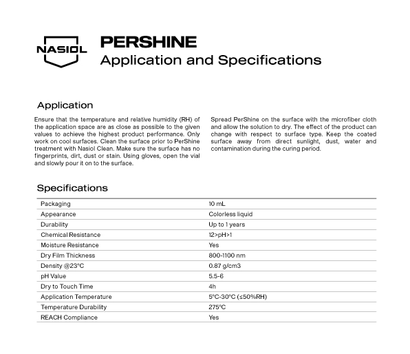 PERSHINE APPLICATION AND  SPECIFICATIONS