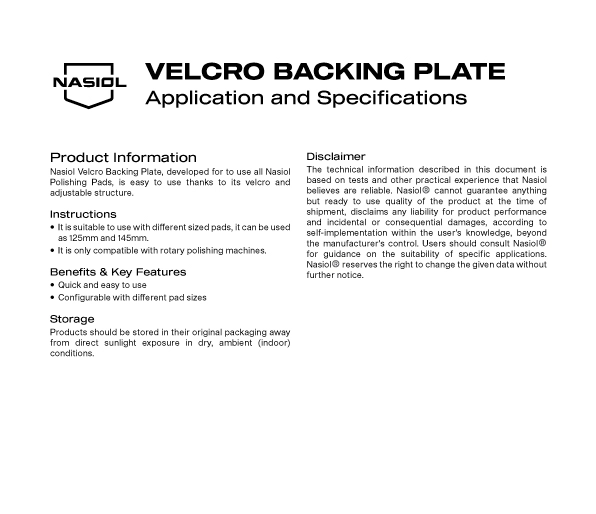 VELCRO BACKING  PLATE APPLICATION AND  SPECIFICATIONS